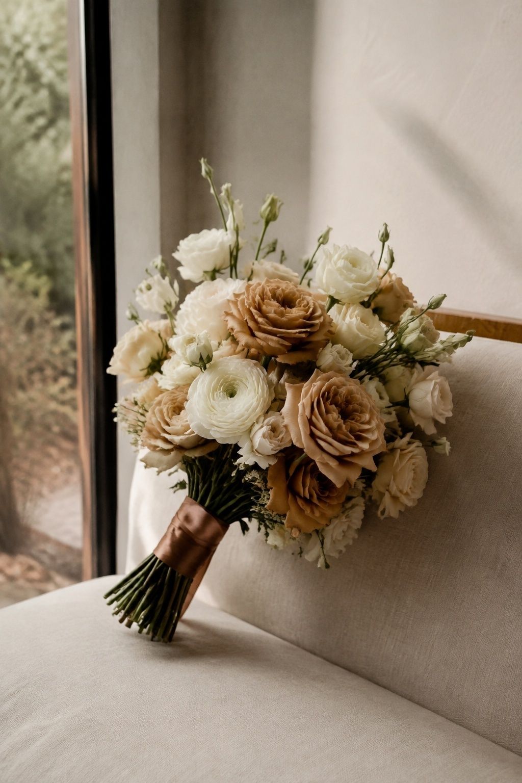 Mocha rose bridal bouquet with cream petals