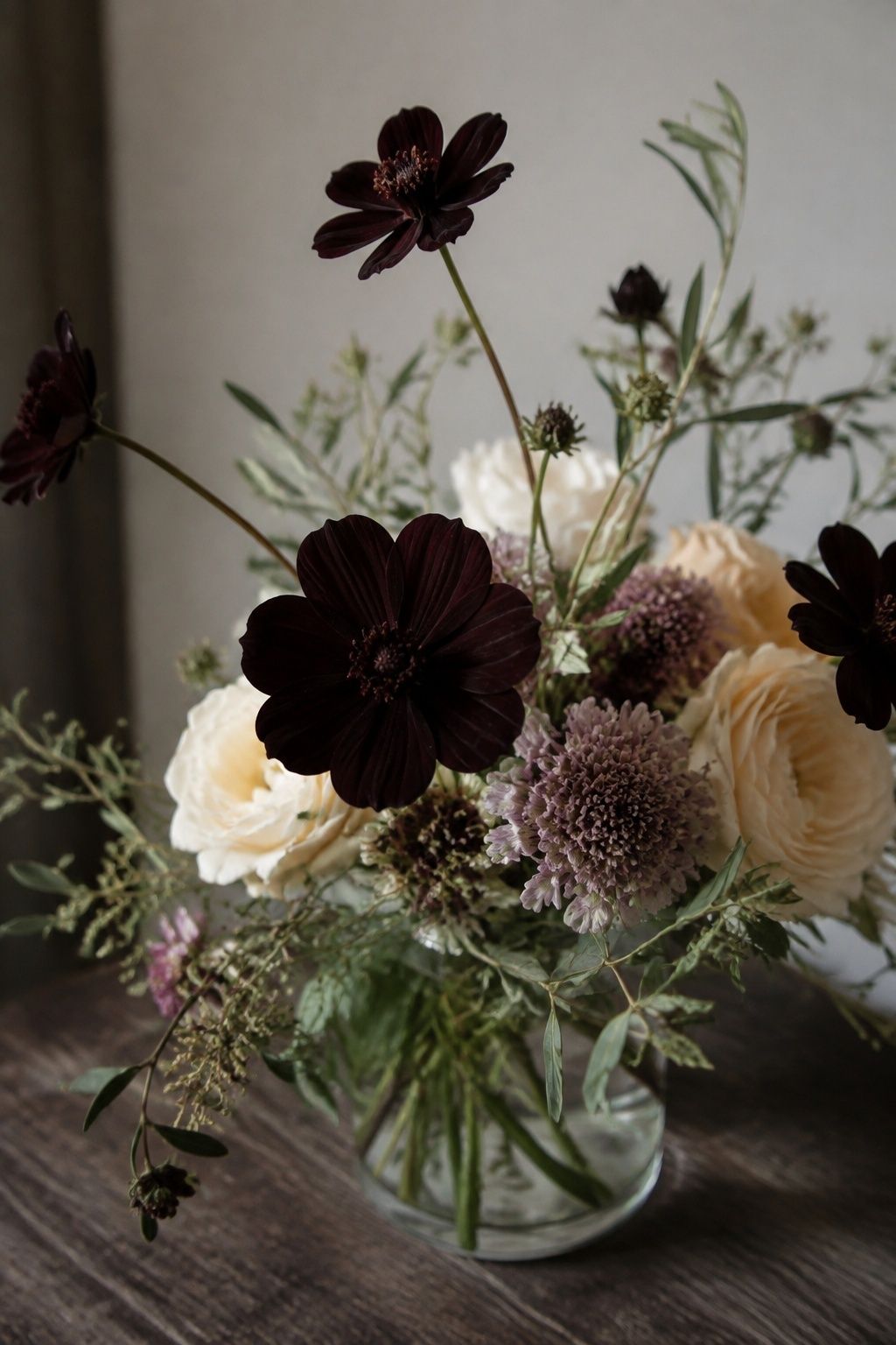 Chocolate cosmos bouquet with velvety depth