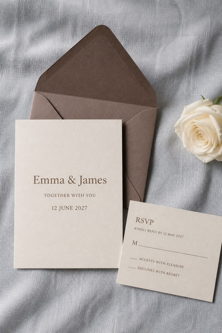 Cream wedding invitation and RSVP card with mocha ink and envelope on blue-gray linen.