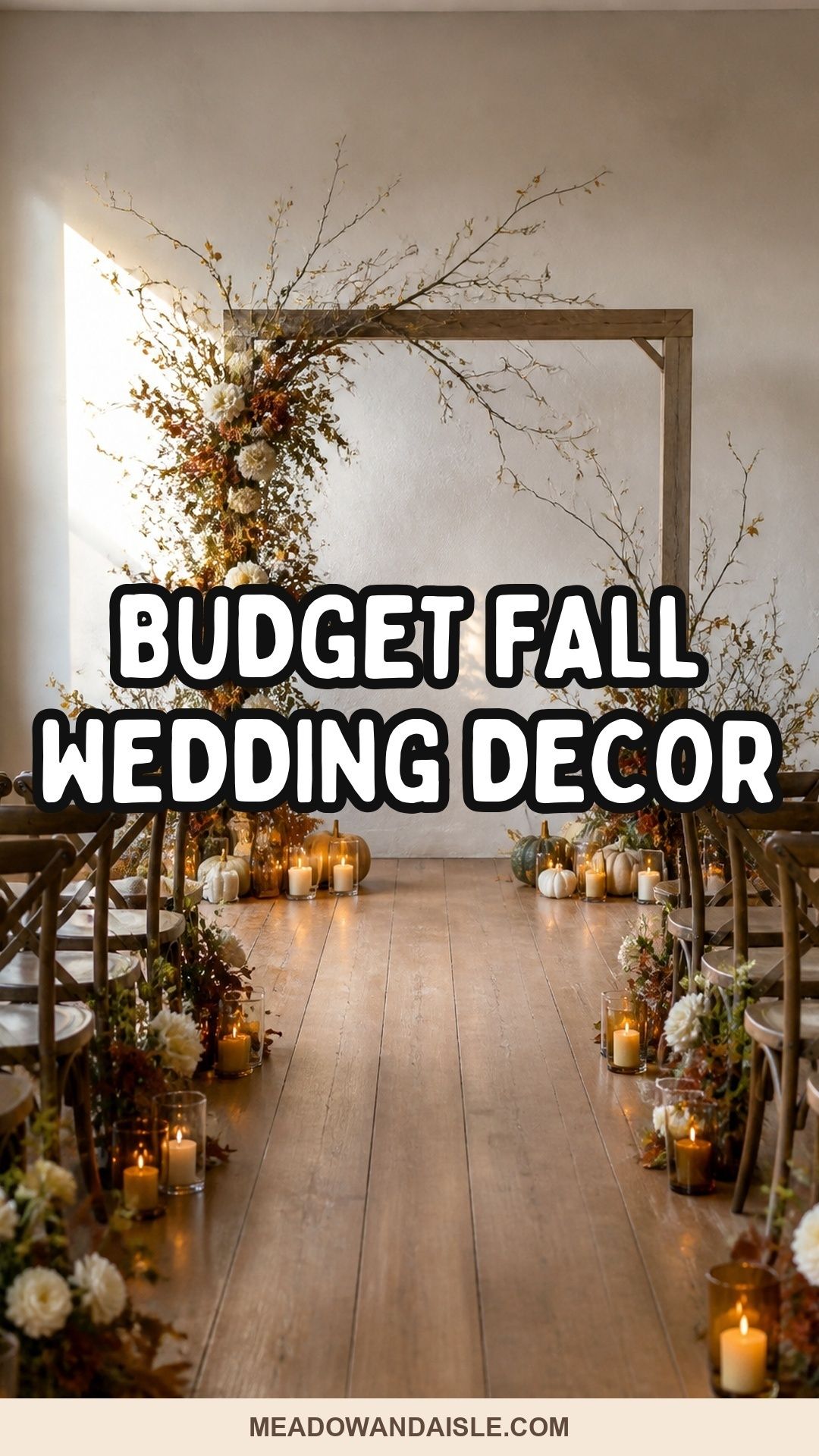 Budget fall wedding decor pin with a focused autumn ceremony backdrop