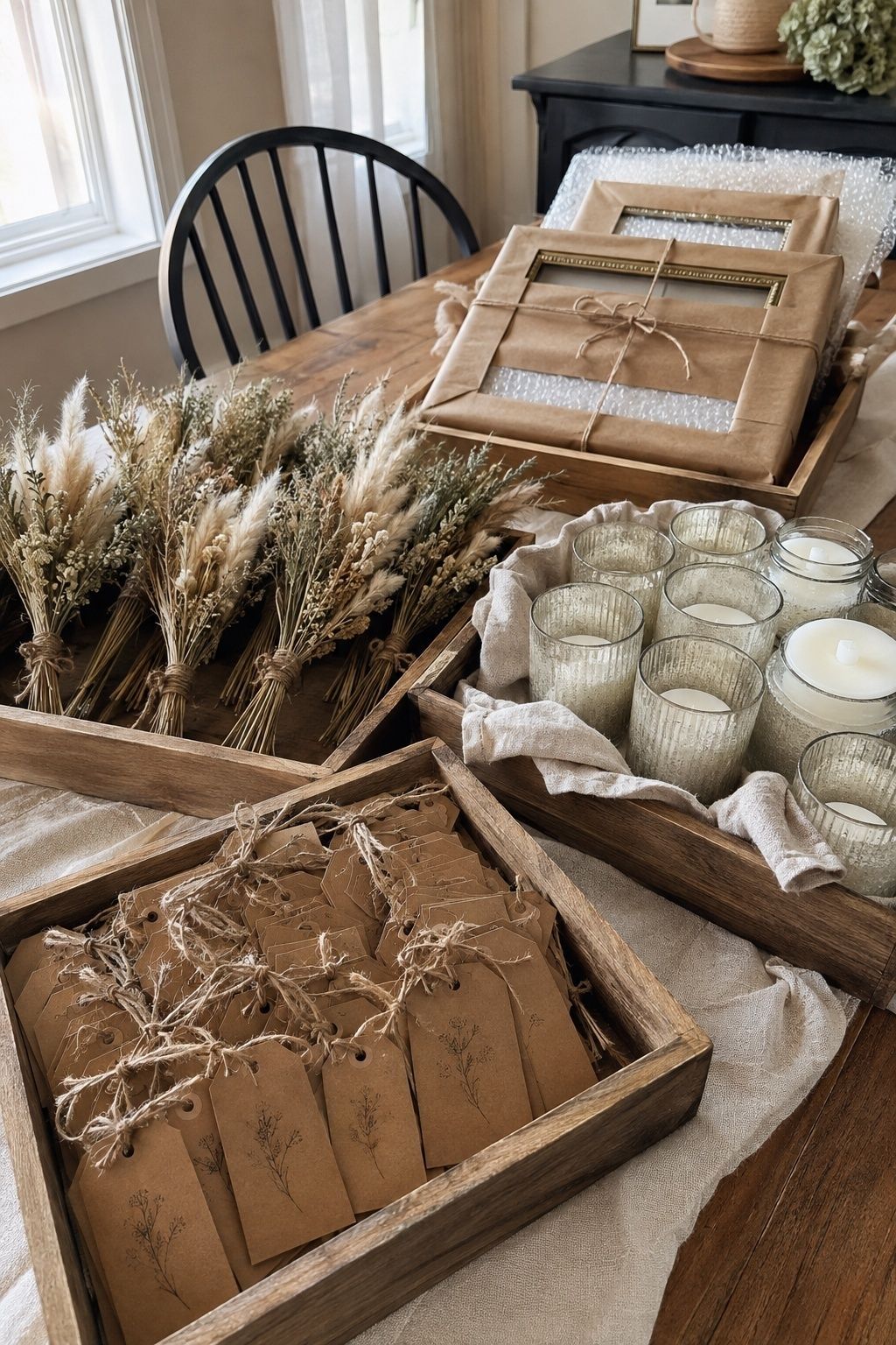 Finished kraft escort tags, dried bundles, frames and candle groups packed before a fall wedding