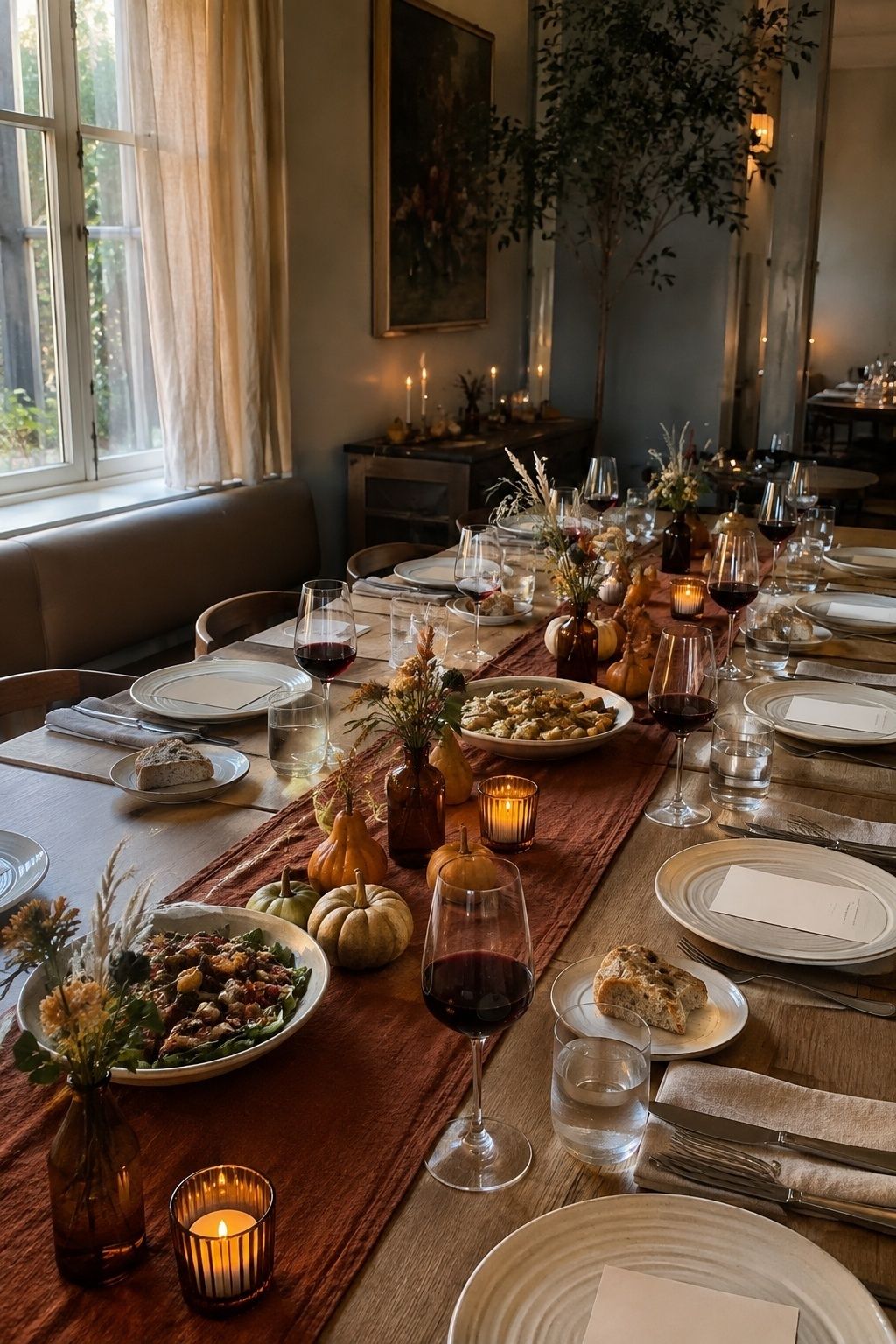 Low fall wedding centerpiece leaving room for plates, shared food, glassware and conversation