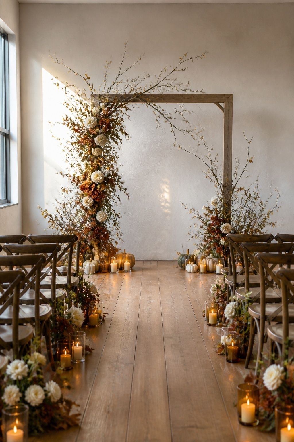 Simple fall wedding ceremony backdrop with branches, rust flowers, amber candles and muted pumpkins