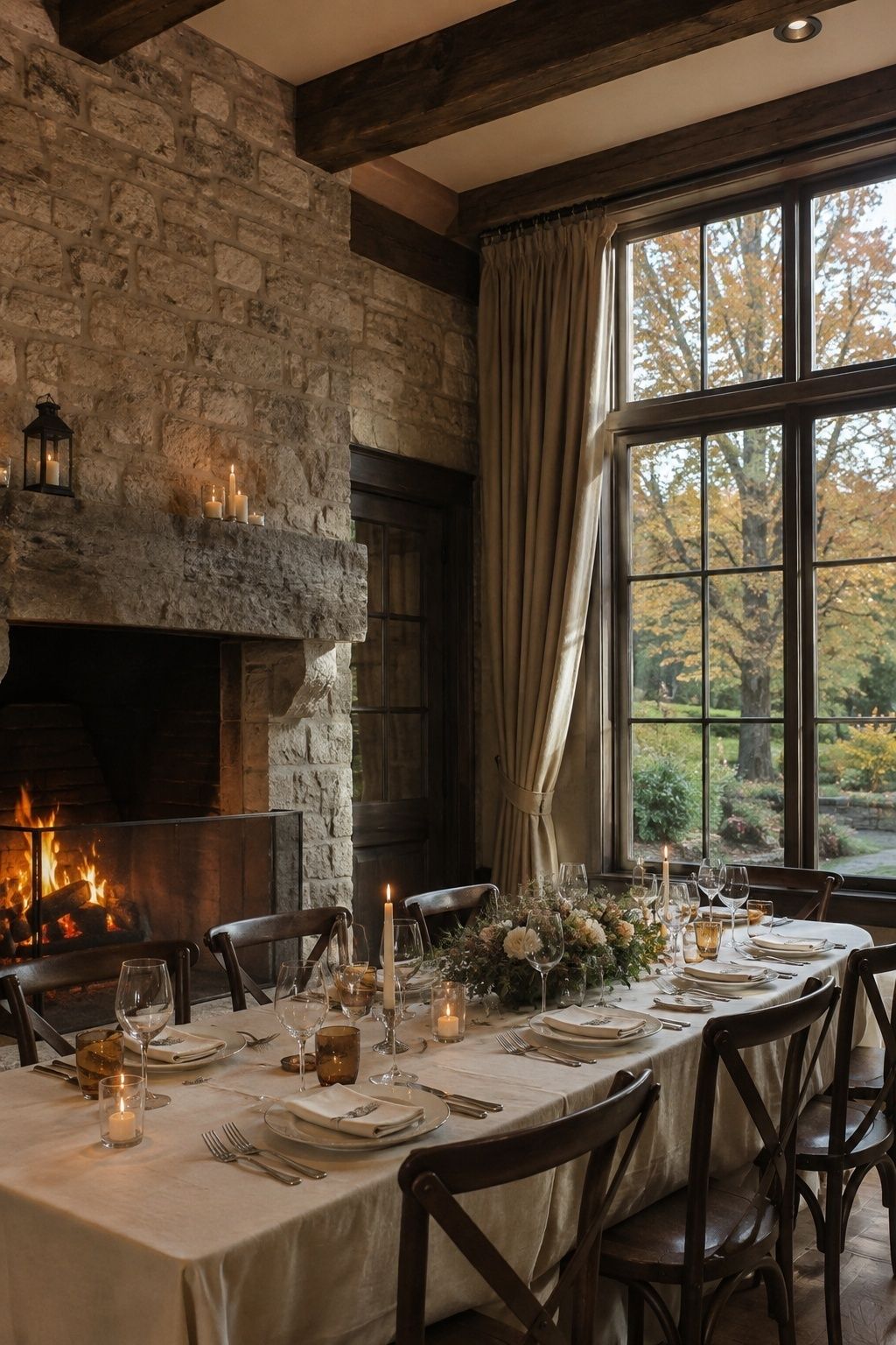 Intimate fall wedding dinner using a stone fireplace and turning leaves as most of the decor