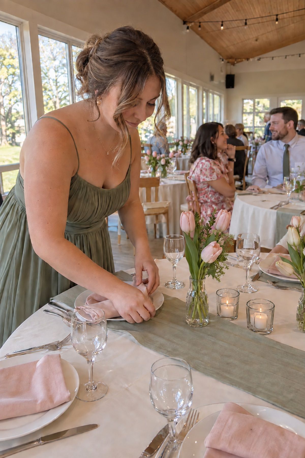 A bridesmaid adjusts a blush napkin within a restrained cream, sage, and blush spring wedding color story.