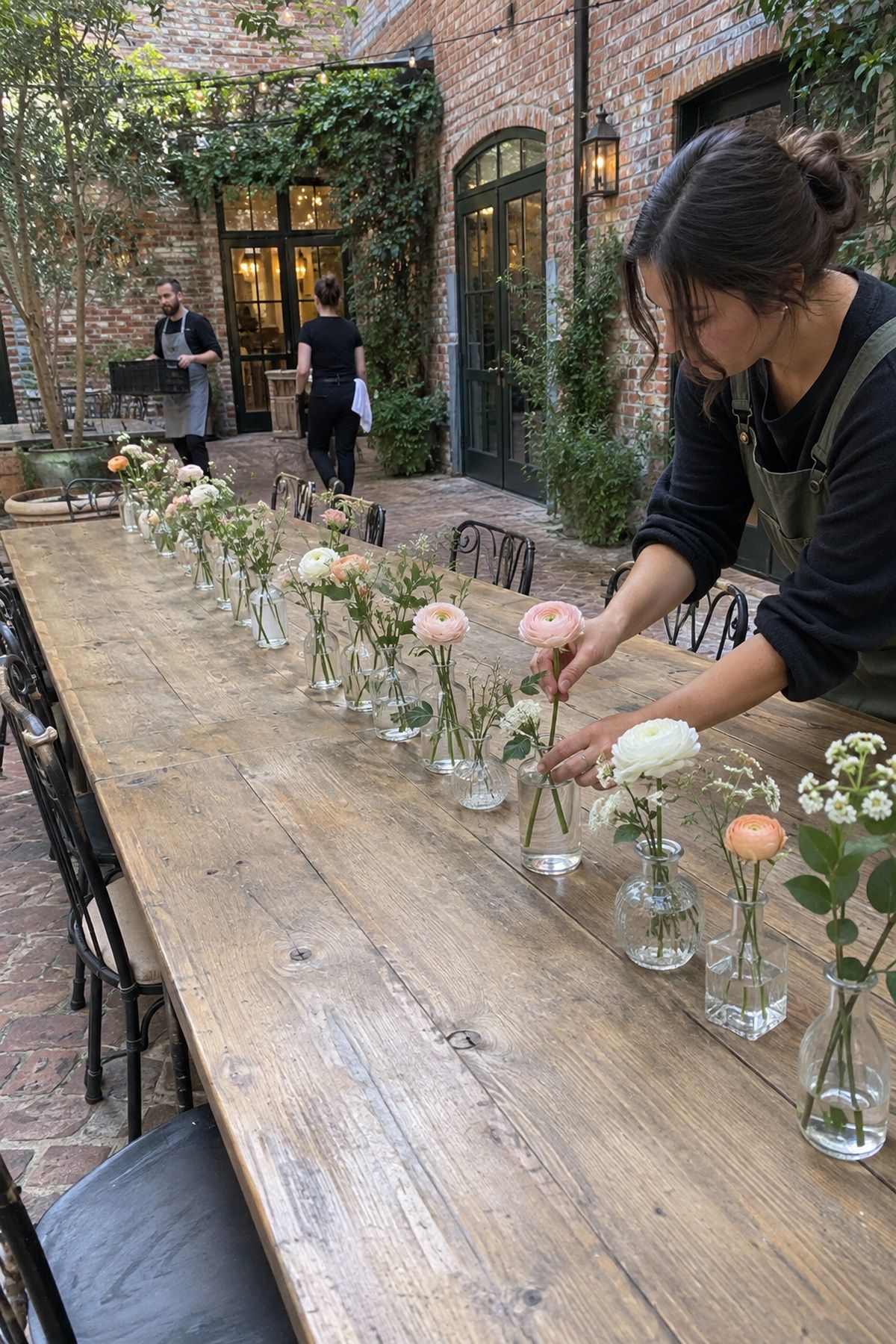 A florist spaces single spring stems in bud vases along a long bare courtyard table.