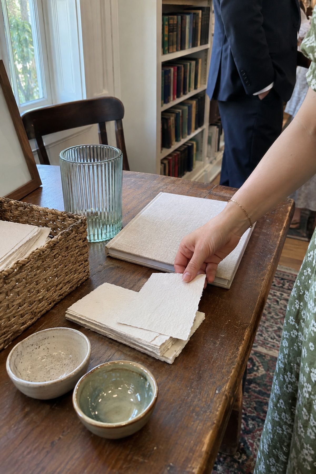 Handmade paper, ribbed glass, linen, woven fiber, and ceramics add texture to a modest welcome table.