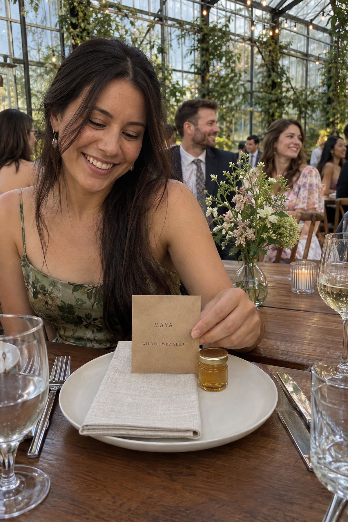 A wildflower seed favor labeled for Maya doubles as a personal place setting.