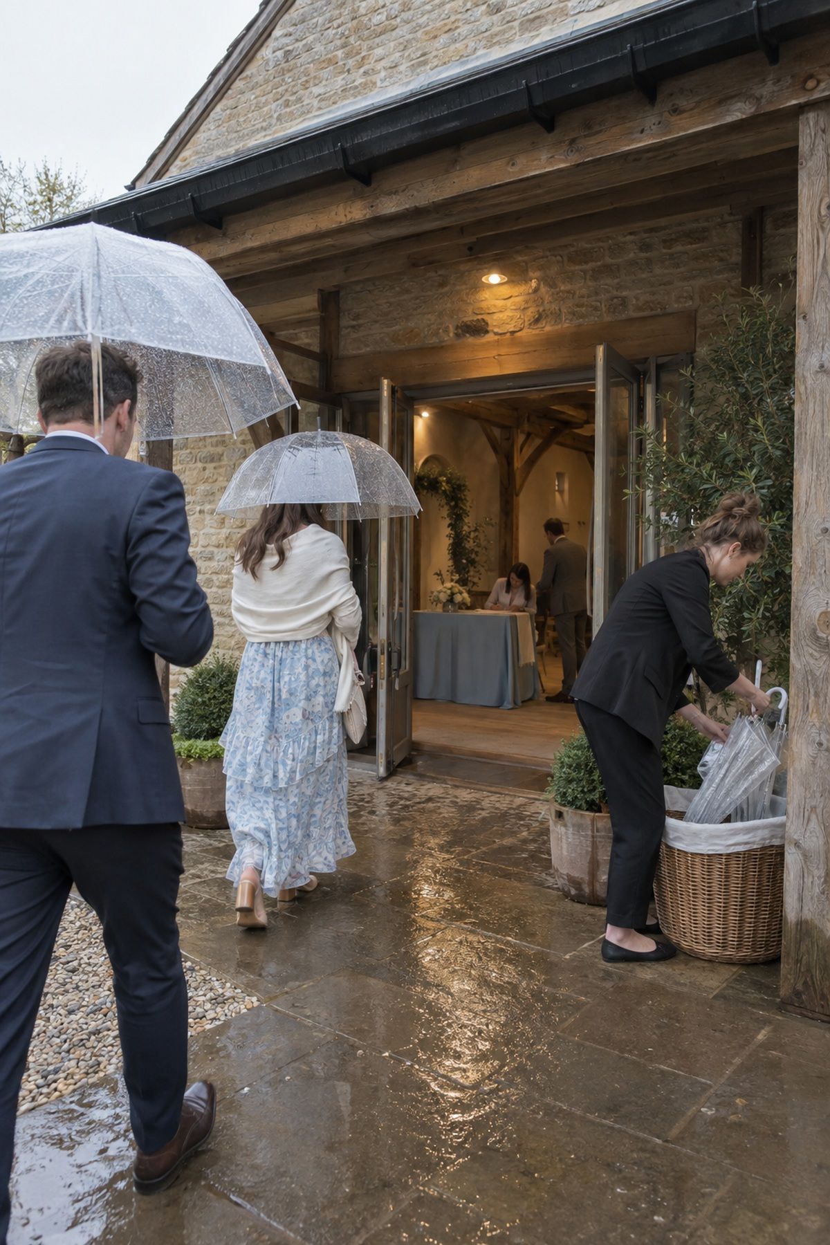 Guests follow a covered rain route with clear umbrellas and an indoor signing table ahead.