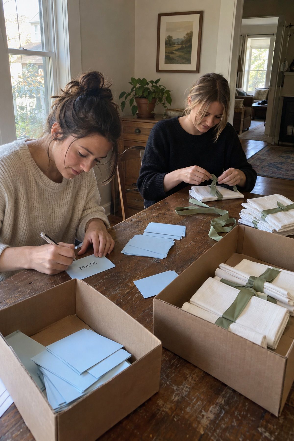 Two friends make blue place cards and ribboned napkins as focused spring wedding DIY projects.