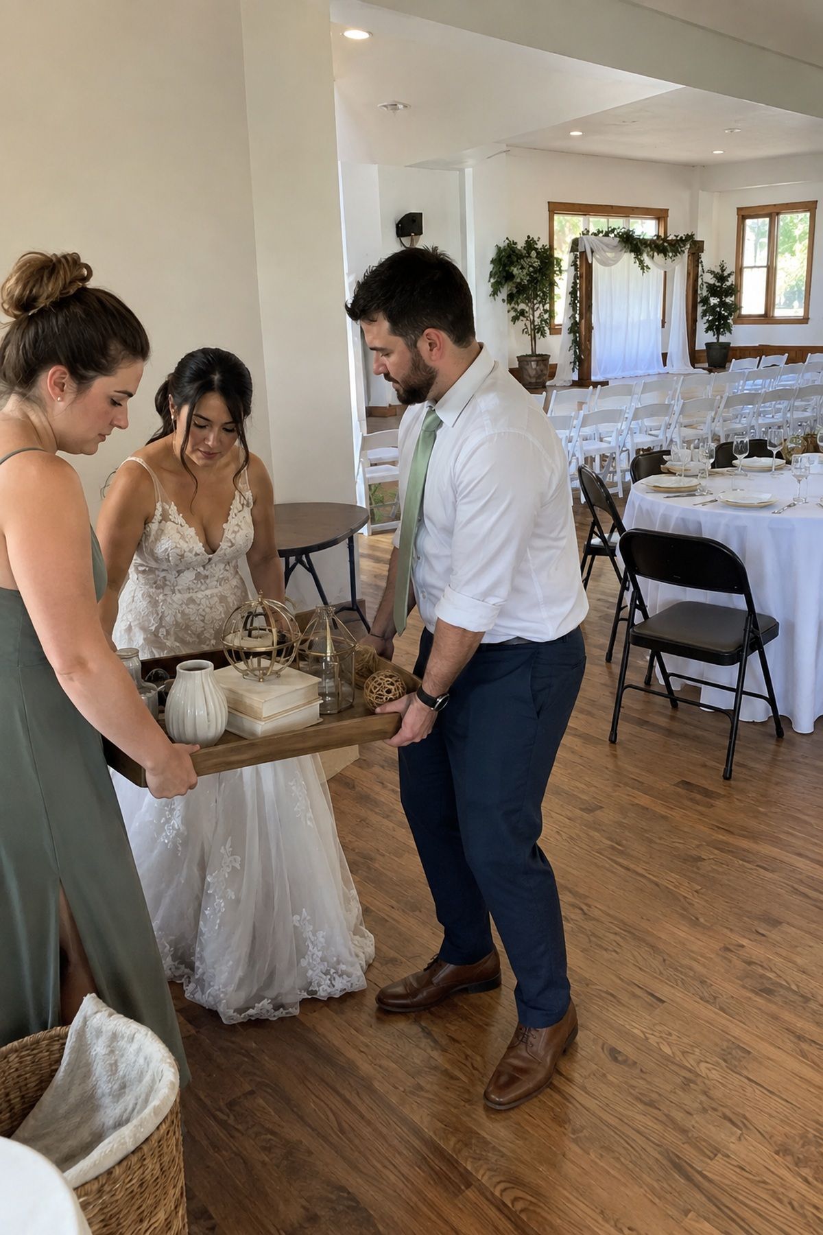 A couple removes unnecessary decorative props to keep their wedding space useful and restrained.