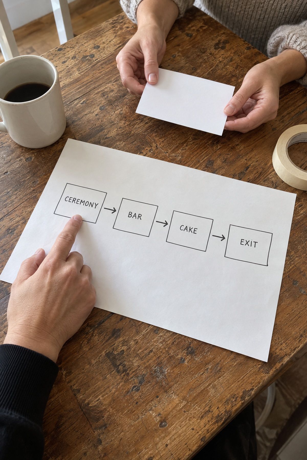 A simple wedding setup map directs decor from ceremony to bar, cake, and exit.