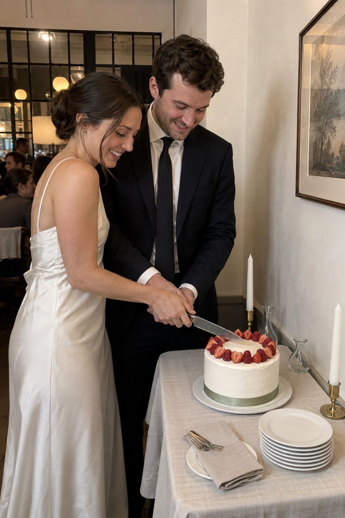 Newlyweds cut a small spring cake finished with berries and a sage ribbon.