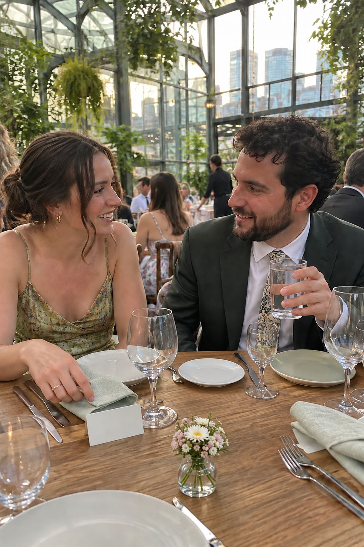 Guests notice textured linens, a place card, and low flowers while talking across the table.