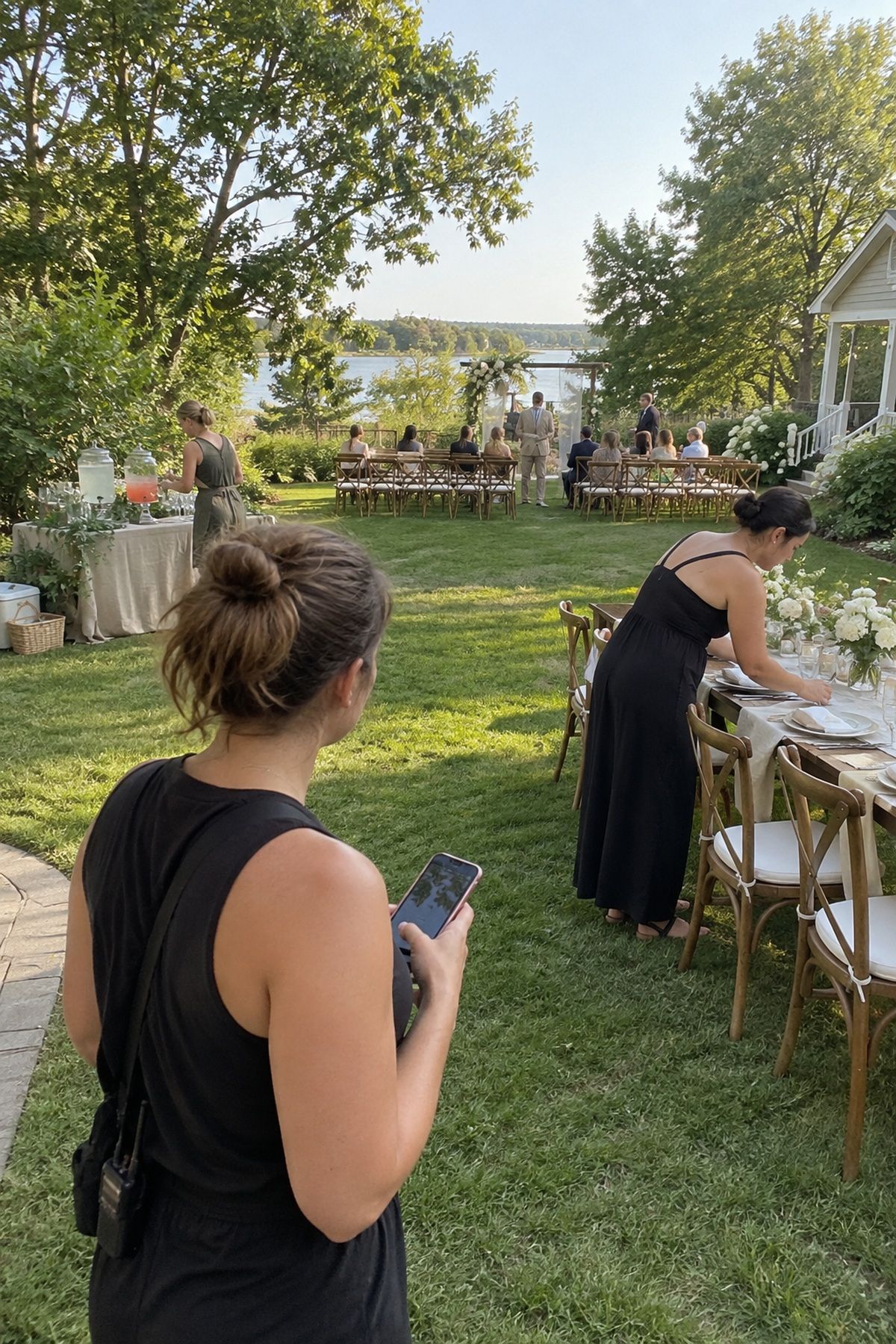 A coordinator surveys three high-impact decor areas at an intimate backyard summer wedding.
