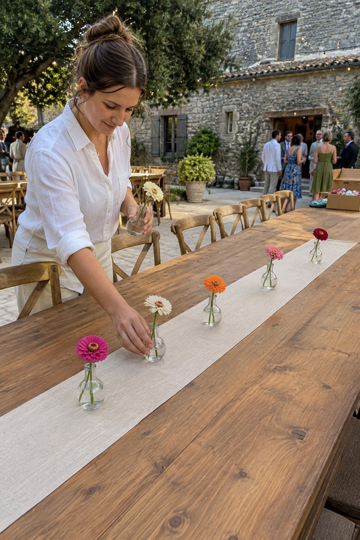 A friend arranges airy single-stem bud vases along a bare table instead of using a large centerpiece.