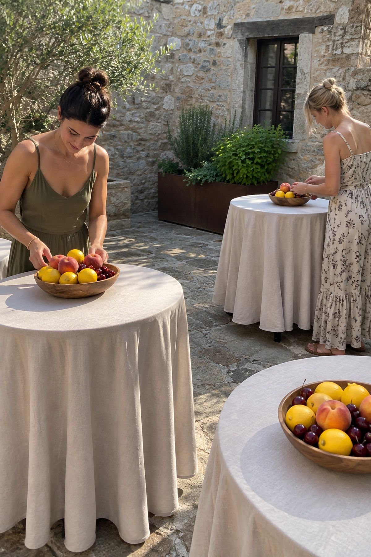 Whole lemons, peaches, and cherries repeat seasonal color across summer wedding cocktail tables.