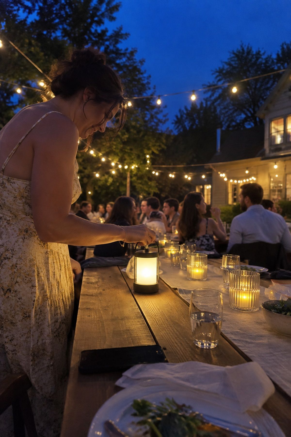 A guest switches on flameless lighting beneath warm string lights at a backyard reception.