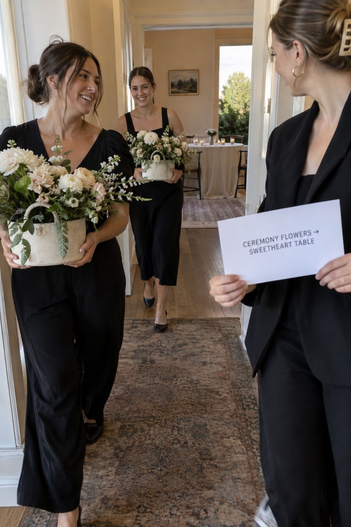 Wedding helpers move ceremony flowers to the sweetheart table using a written plan.
