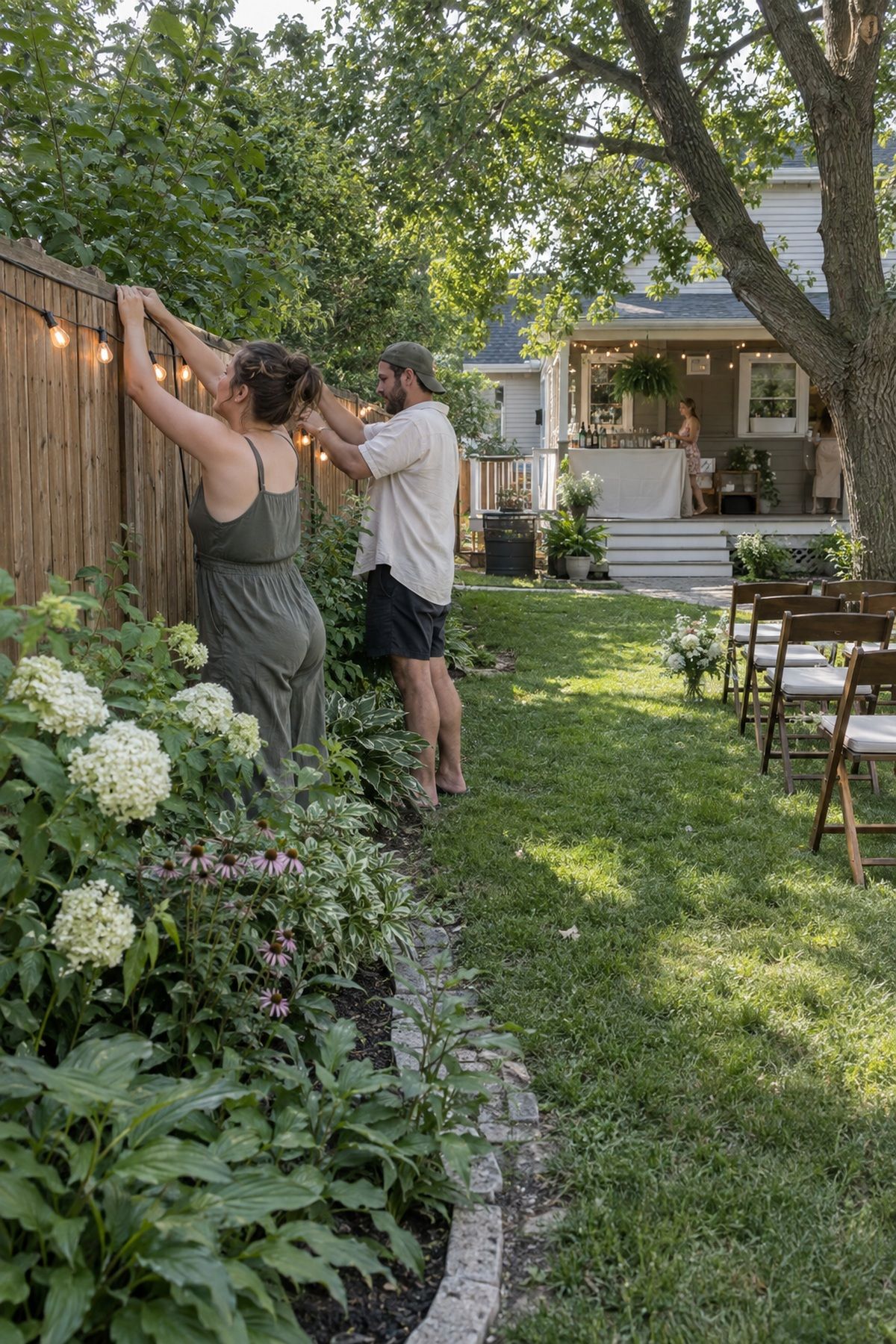 Friends use an existing fence, garden, porch, and tree to style a backyard wedding.