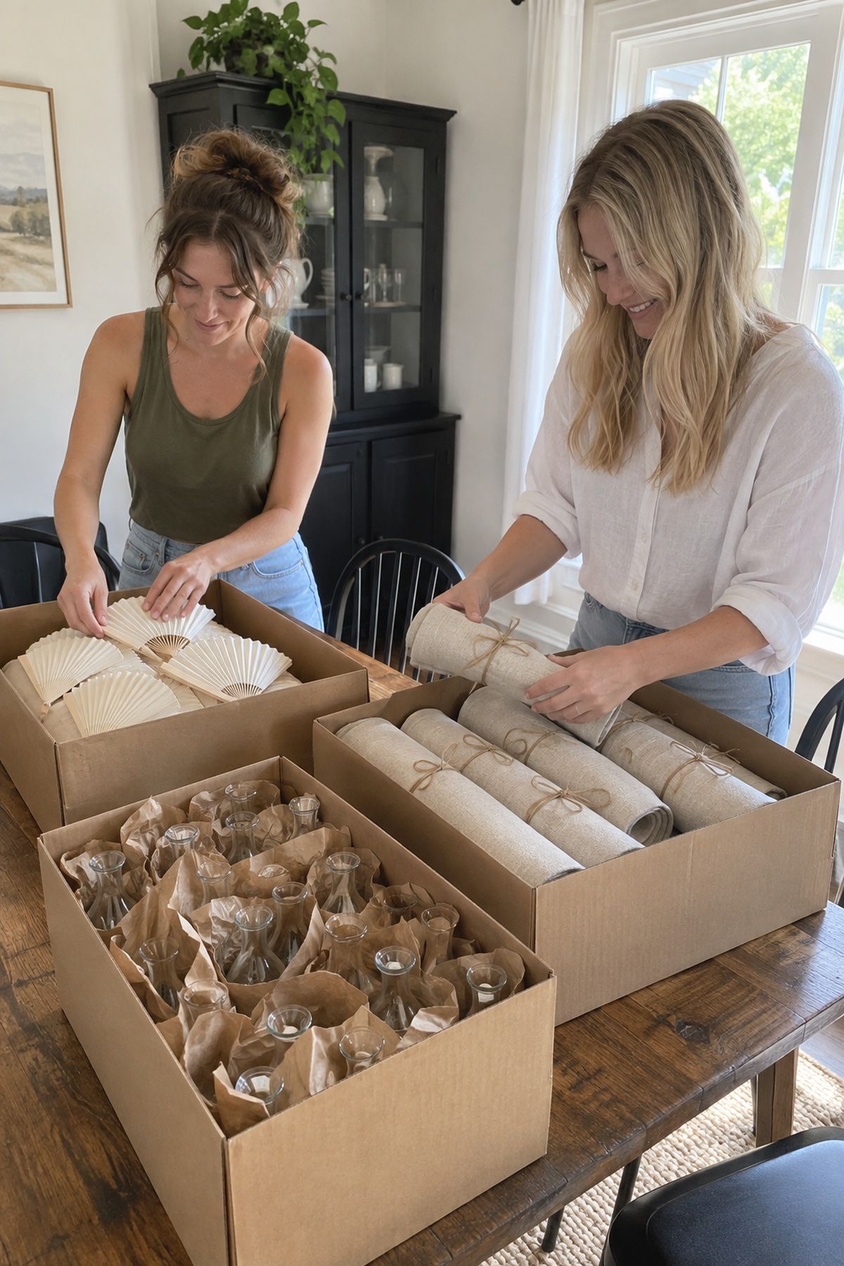 Two friends pack completed paper fans, linen runners, and bud vases into organized boxes.