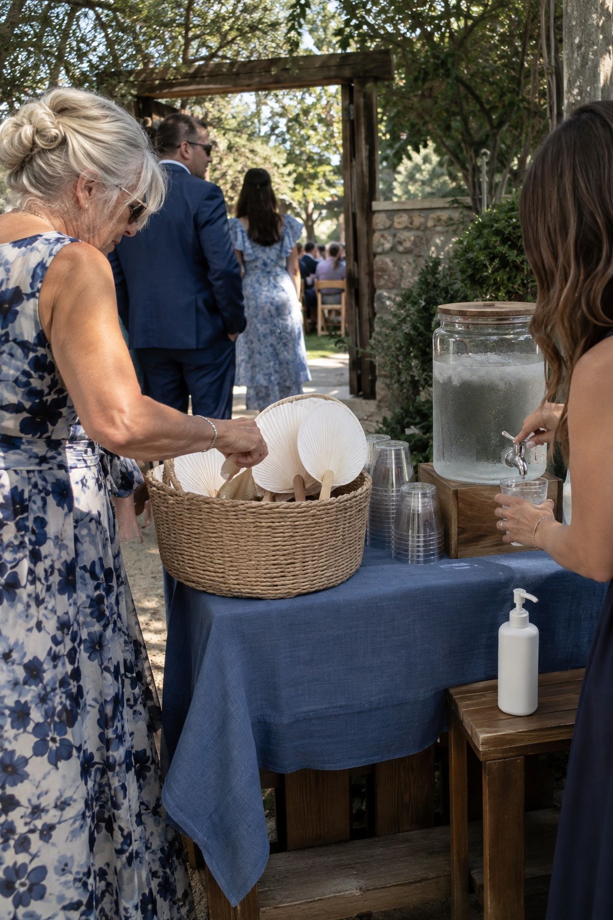Guests use paper fans, cold water, and sunscreen at a shaded summer ceremony entrance.