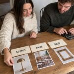 An engaged couple sorts winter wedding choices into spend, save, and skip categories.