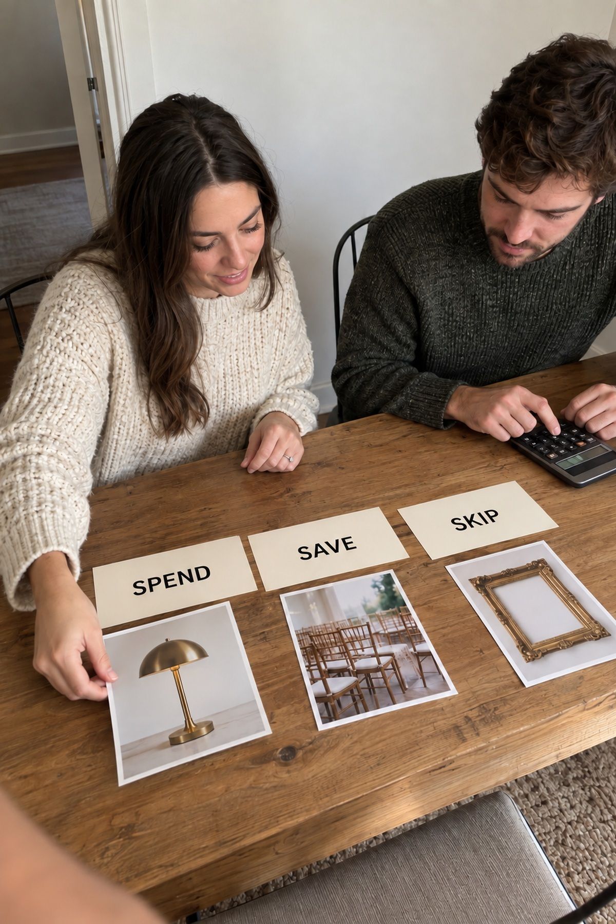 An engaged couple sorts winter wedding choices into spend, save, and skip categories.