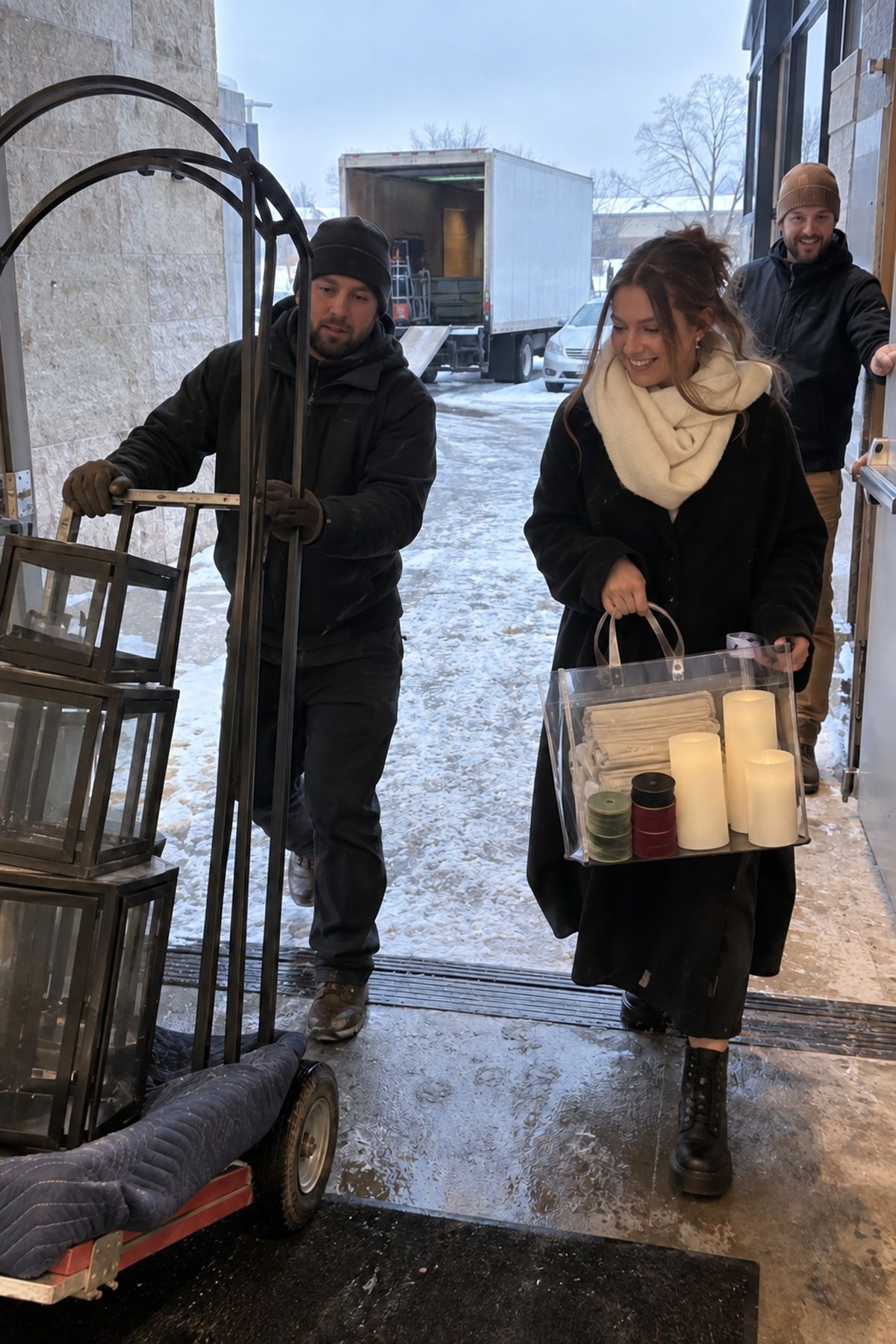 A rental delivery brings bulky winter wedding pieces while a couple carries smaller linens, ribbon, and LED candles.
