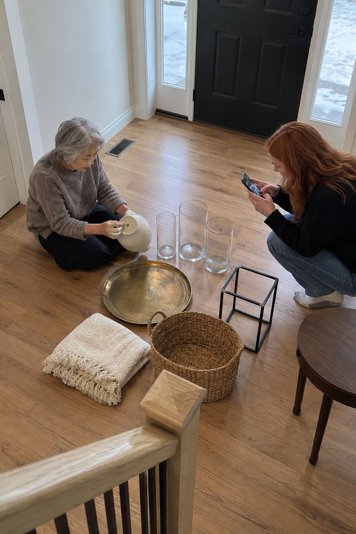 An older woman and her niece sort borrowed winter wedding decor in brass, glass, ivory, black, natural fiber, and wood.