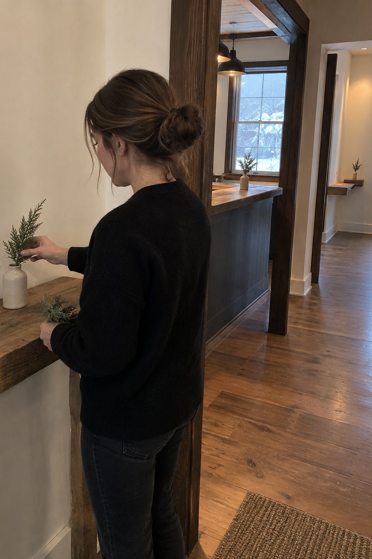 A helper repeats small evergreen sprigs across bare welcome, bar, and hallway ledges to connect the winter wedding spaces.