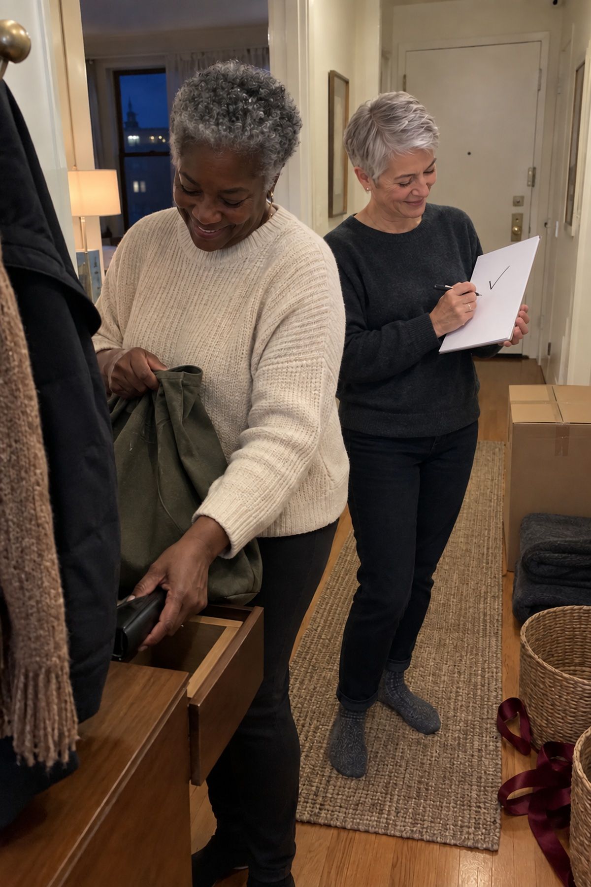 An older engaged couple puts away a wallet after completing essential winter wedding purchases for a final-week no-buy rule.