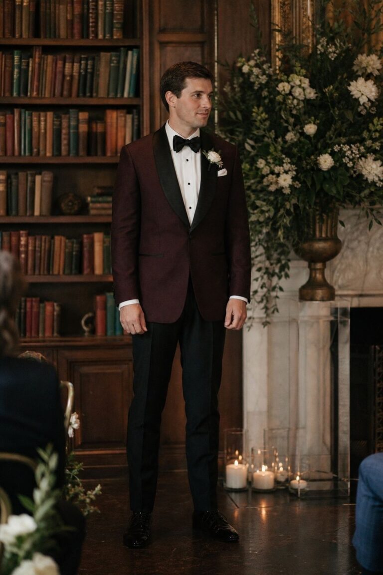 Burgundy shawl lapel tuxedo with black pants
