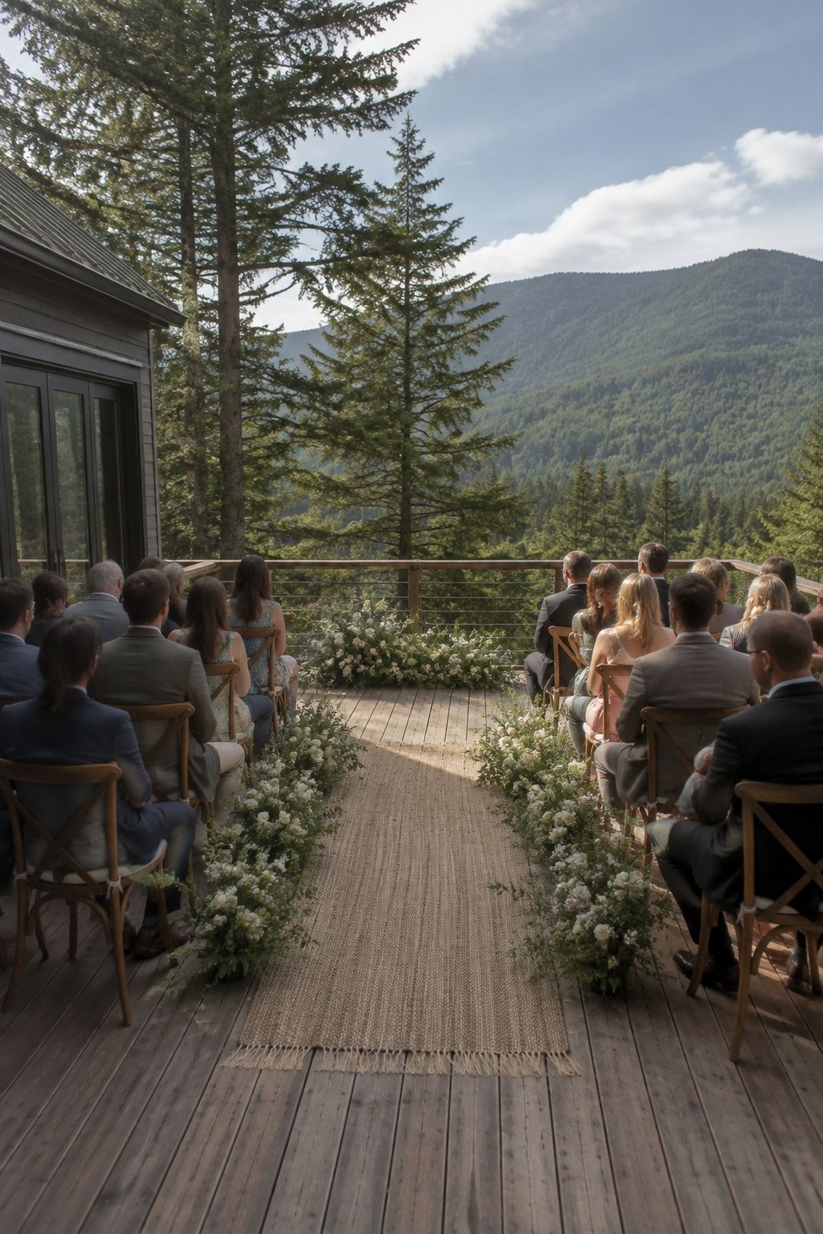 Wedding ceremony on a cabin deck with a mountain view
