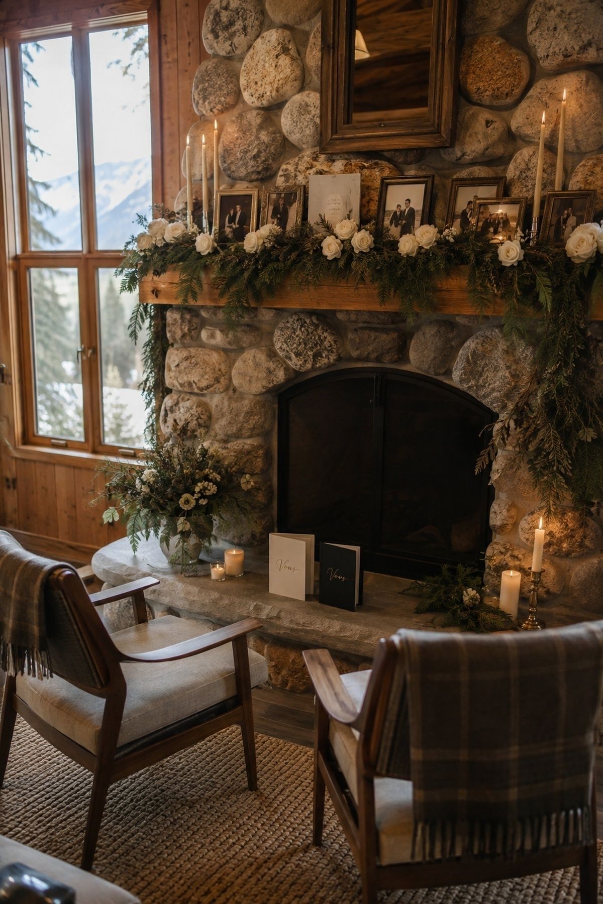 Couple exchanging vows or posing by a cabin fireplace