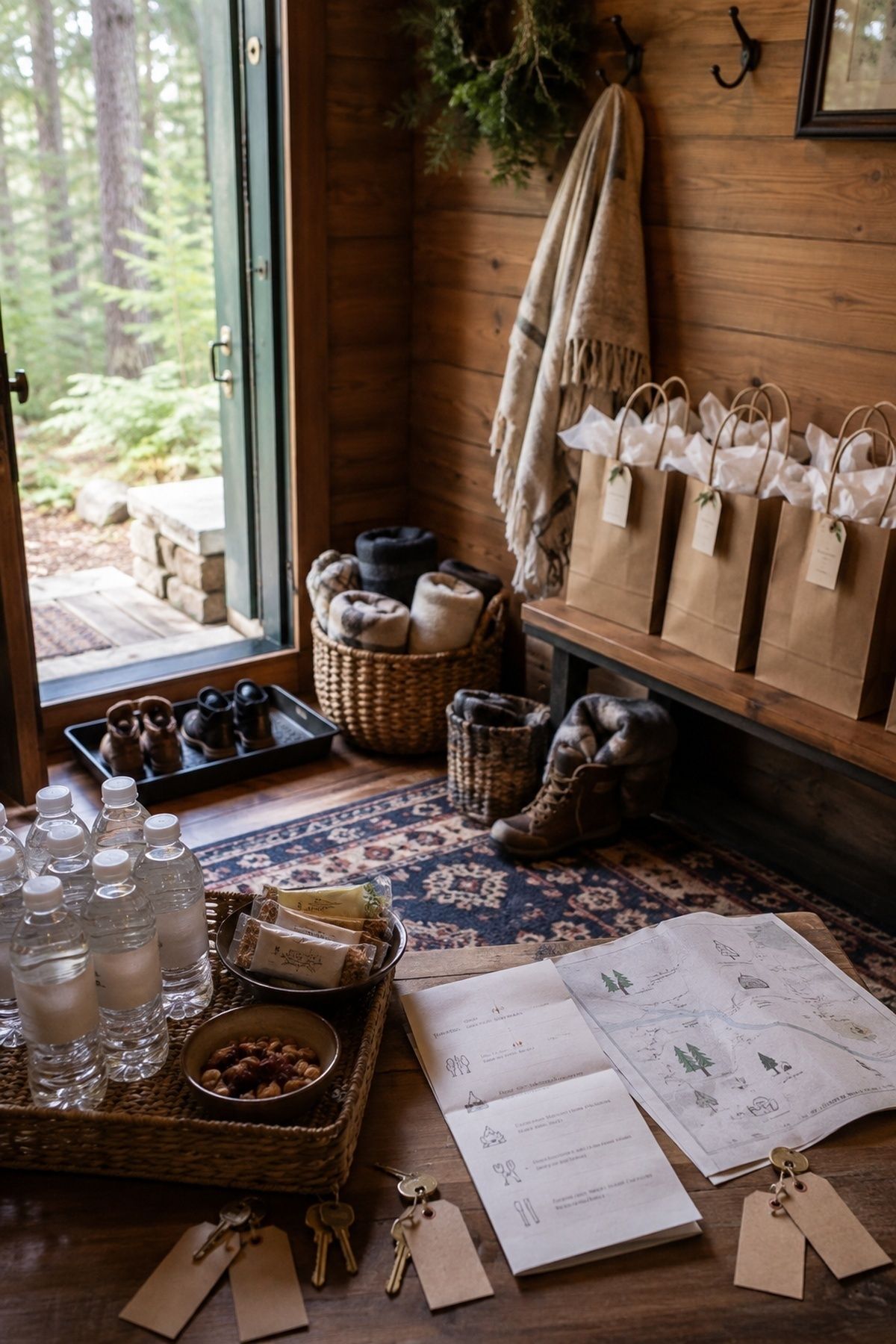 Mountain cabin set up for a wedding weekend with guest lodging