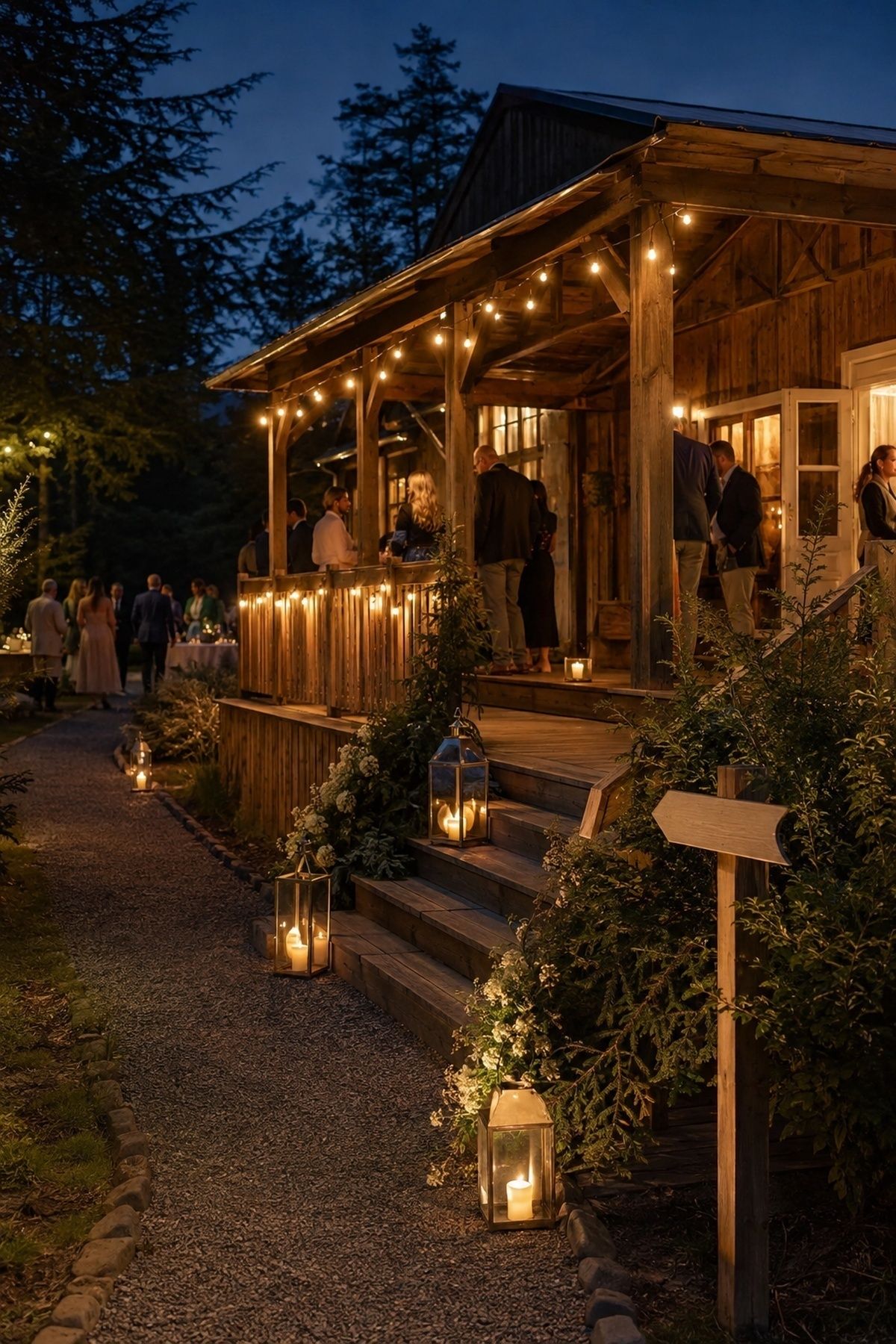 String lights hanging along a cabin porch
