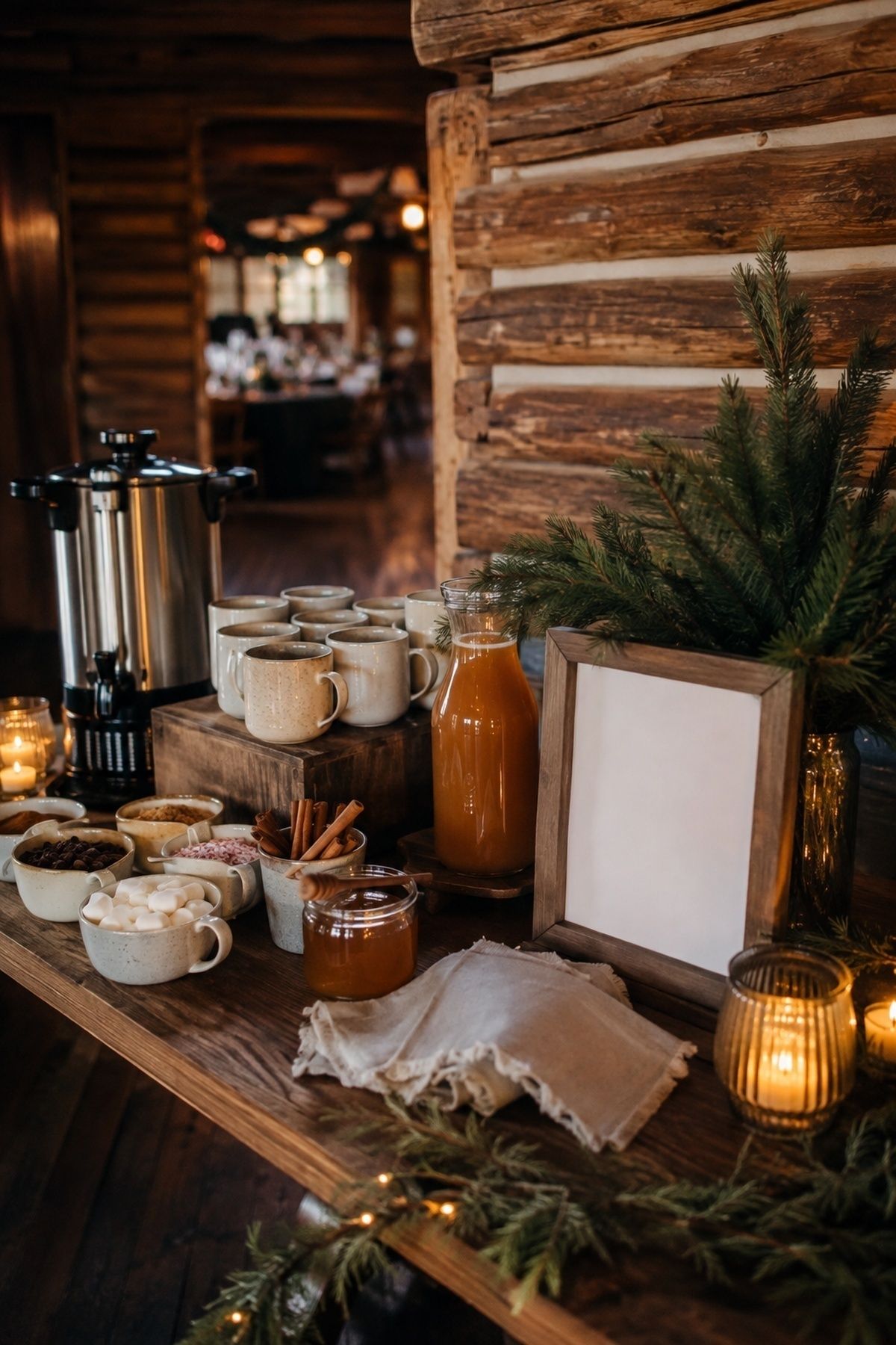 Hot drink and cocoa bar at a cabin wedding