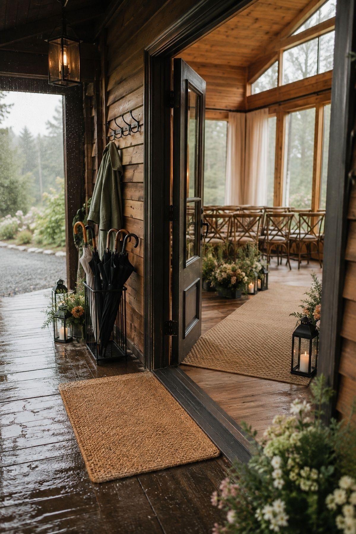 Cabin wedding rain plan set up indoors