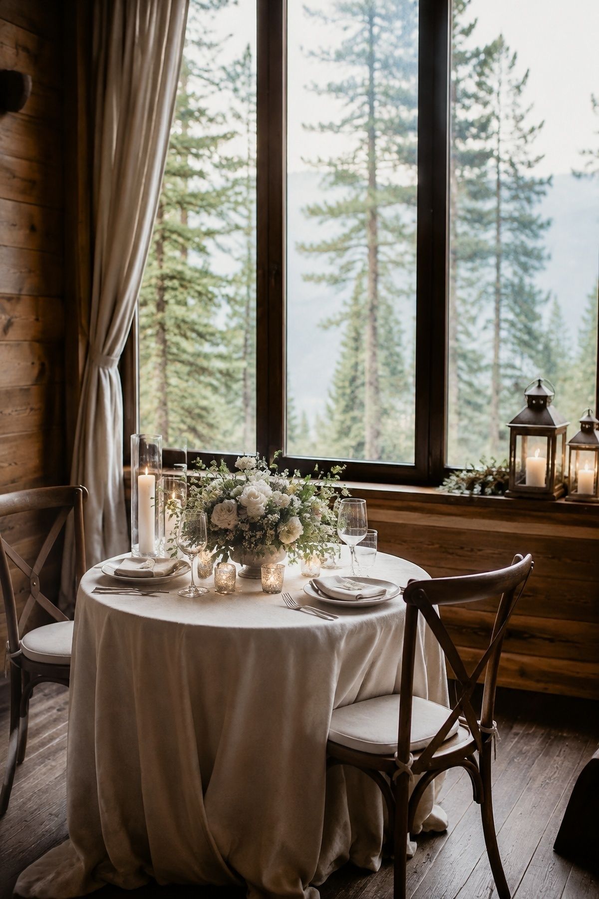 Sweetheart table in front of a cabin window view