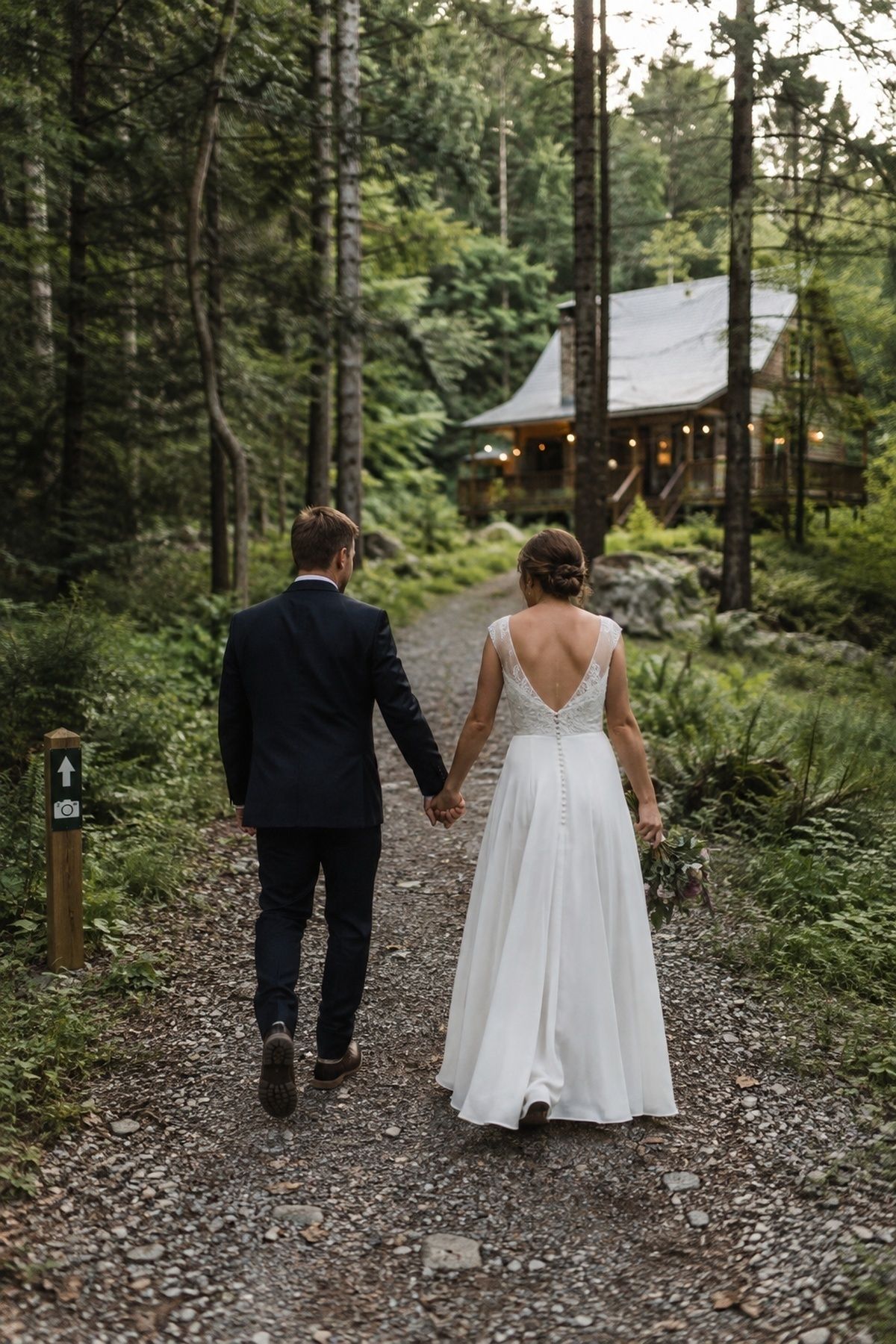 Couple on a forest photo walk near the cabin
