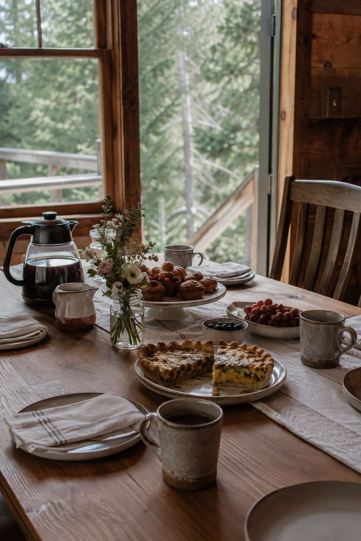 Slow morning brunch the day after a cabin wedding