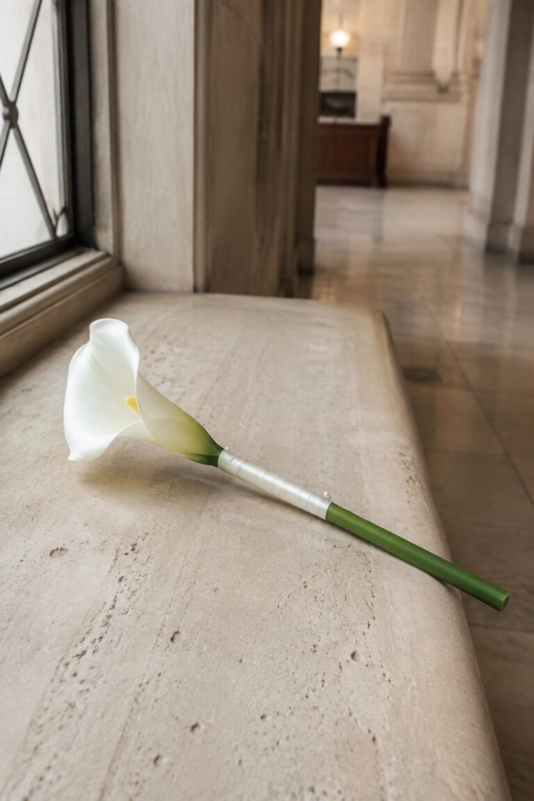 Single white calla lily bridal bouquet with ivory satin ribbon on a courthouse stone bench