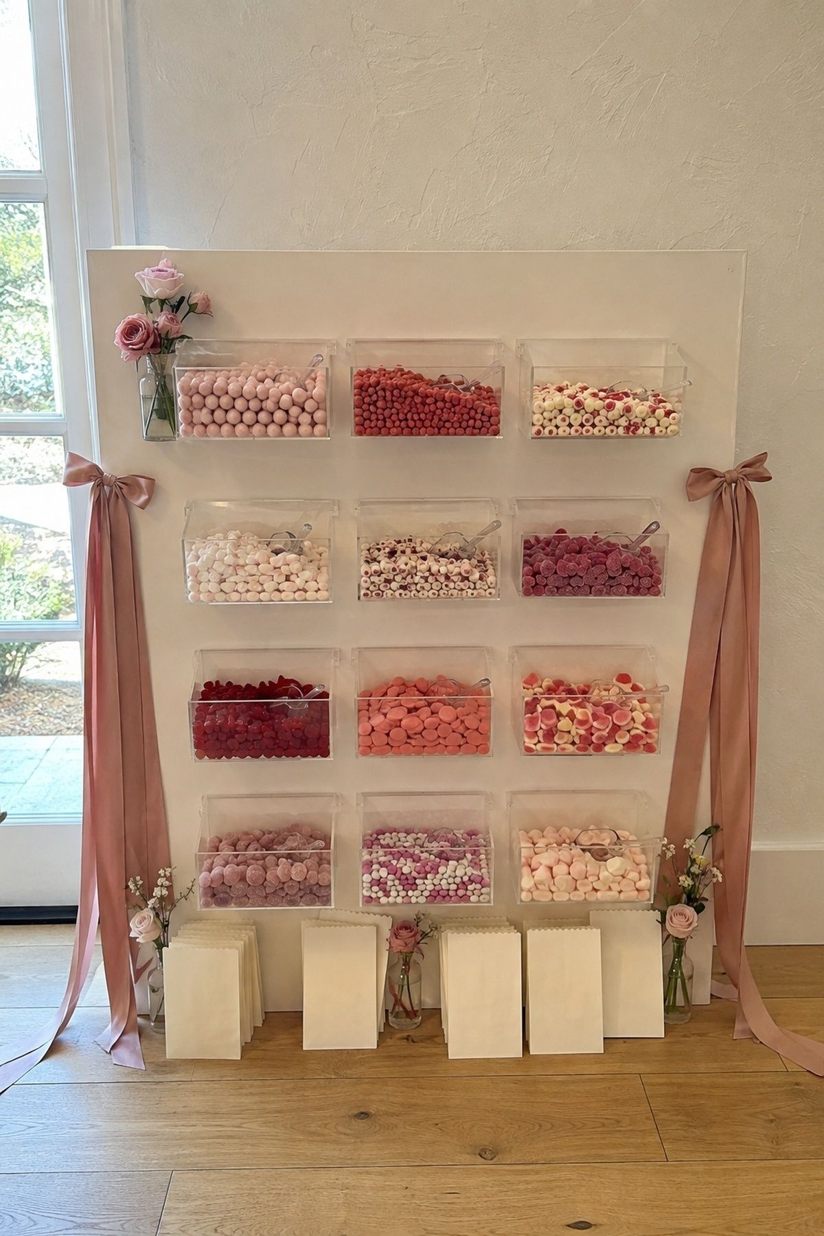 Colour-coordinated candy wall at a wedding