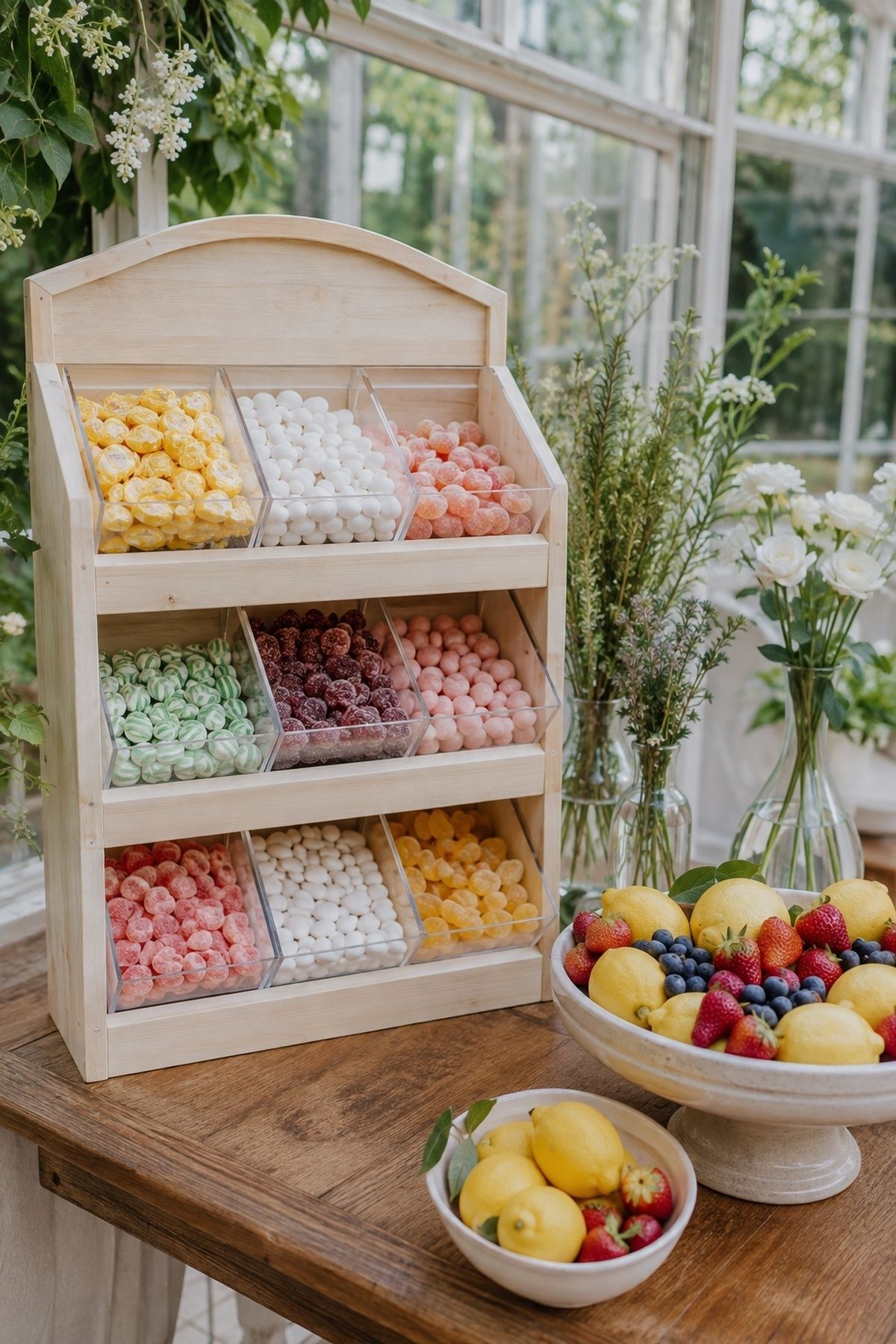 Garden candy wall with fruit and flowers nearby