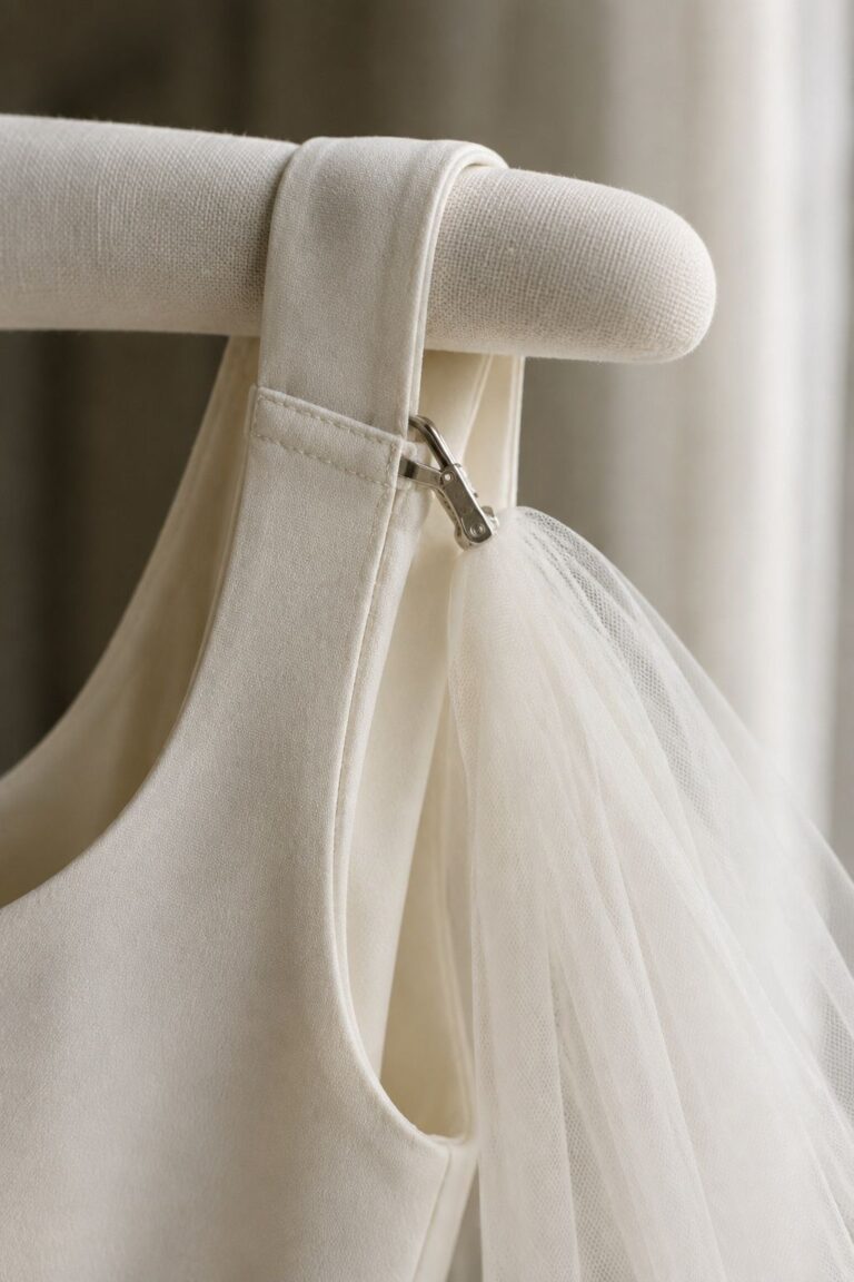 Shoulder clip securing a sheer cape veil to a structured dress strap.