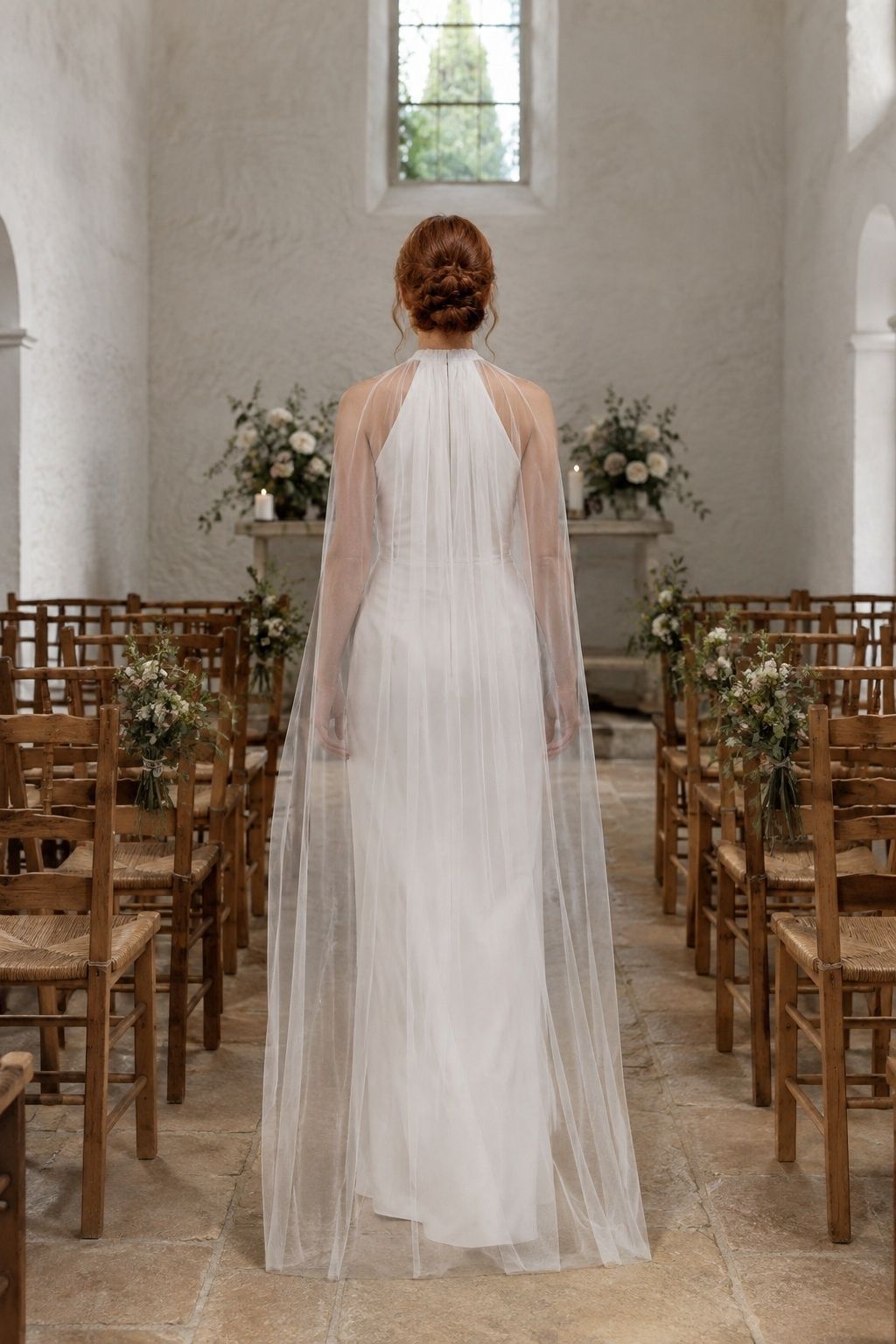 Floor-length cape veil fitting between chairs in a small ceremony aisle.