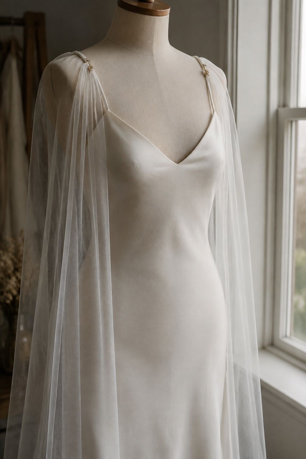 Soft net cape veil draped in fine folds over an ivory silk gown.