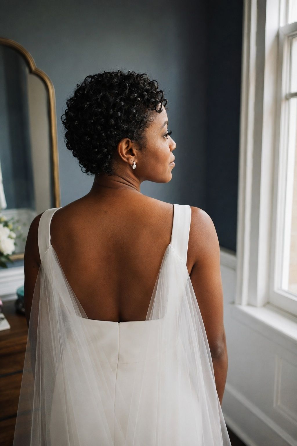 Short natural curls above a cape veil attached at the shoulders.