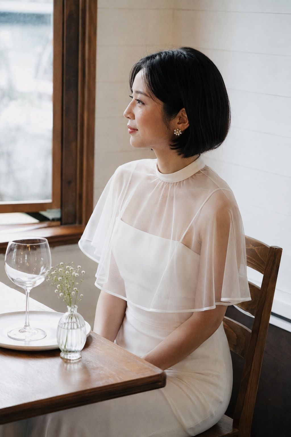Short bridal capelet clearing a dining chair and reception table.